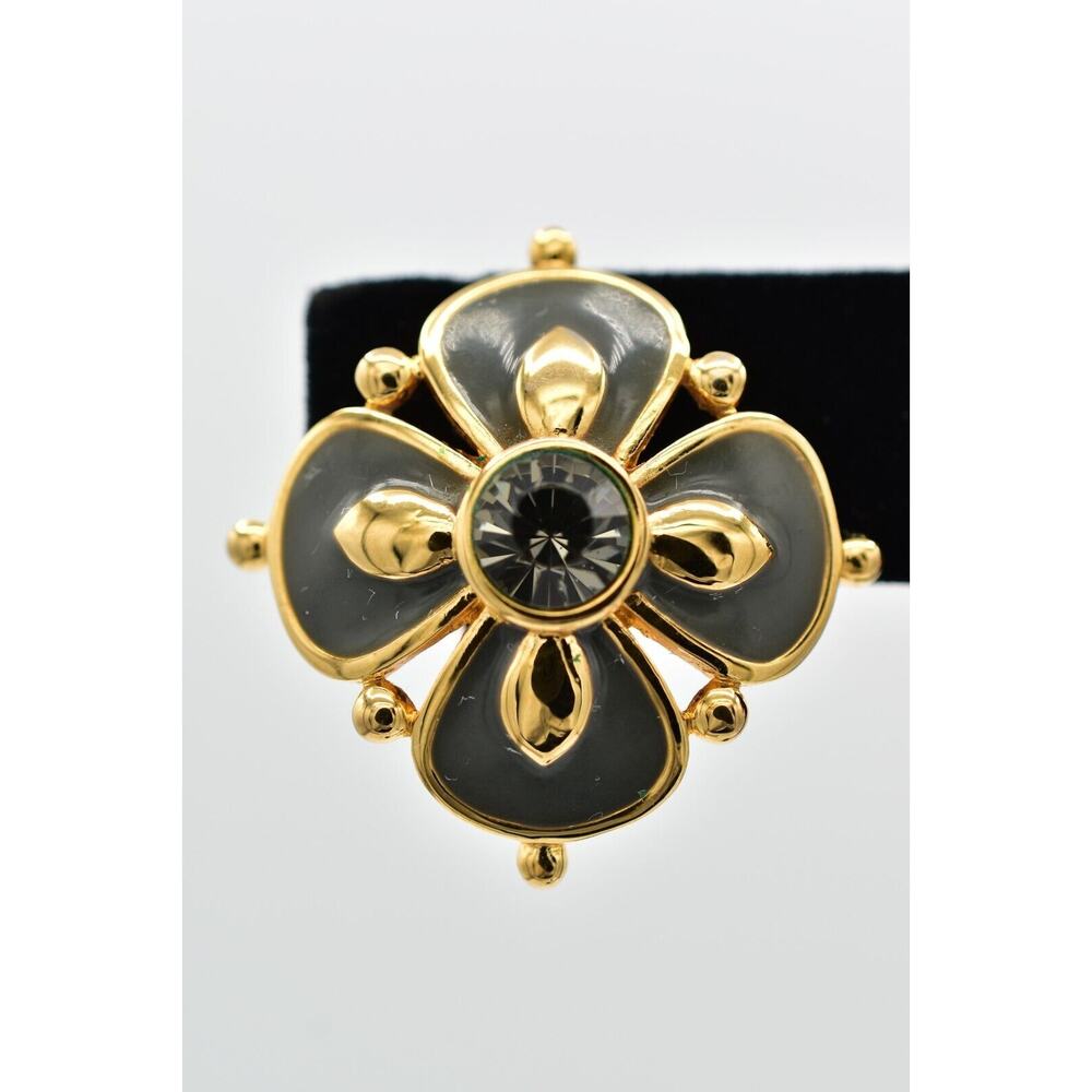 Joan Rivers Vintage Flower Clip On Earrings Gray Enamel Crystal Signed 90s BinBK - Picture 6 of 15